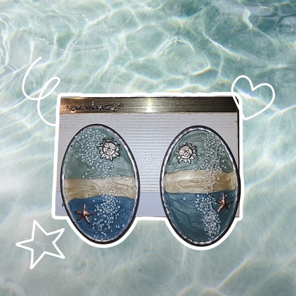 Vintage Alabaster Brand Beach Scene Earrings Summertime Ocean Sand Water